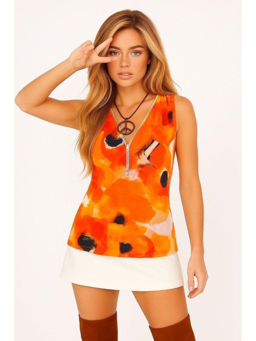 INC International Concepts Small Orange Abstract Print Zip Front Top Retro Style